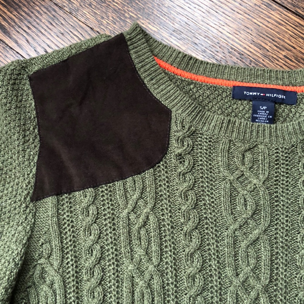 Hunter green sweater with brown suede patch